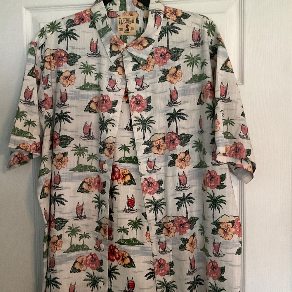 RedHead Men's Floral and Sailboat Print Shirt - Cream, Red, Green